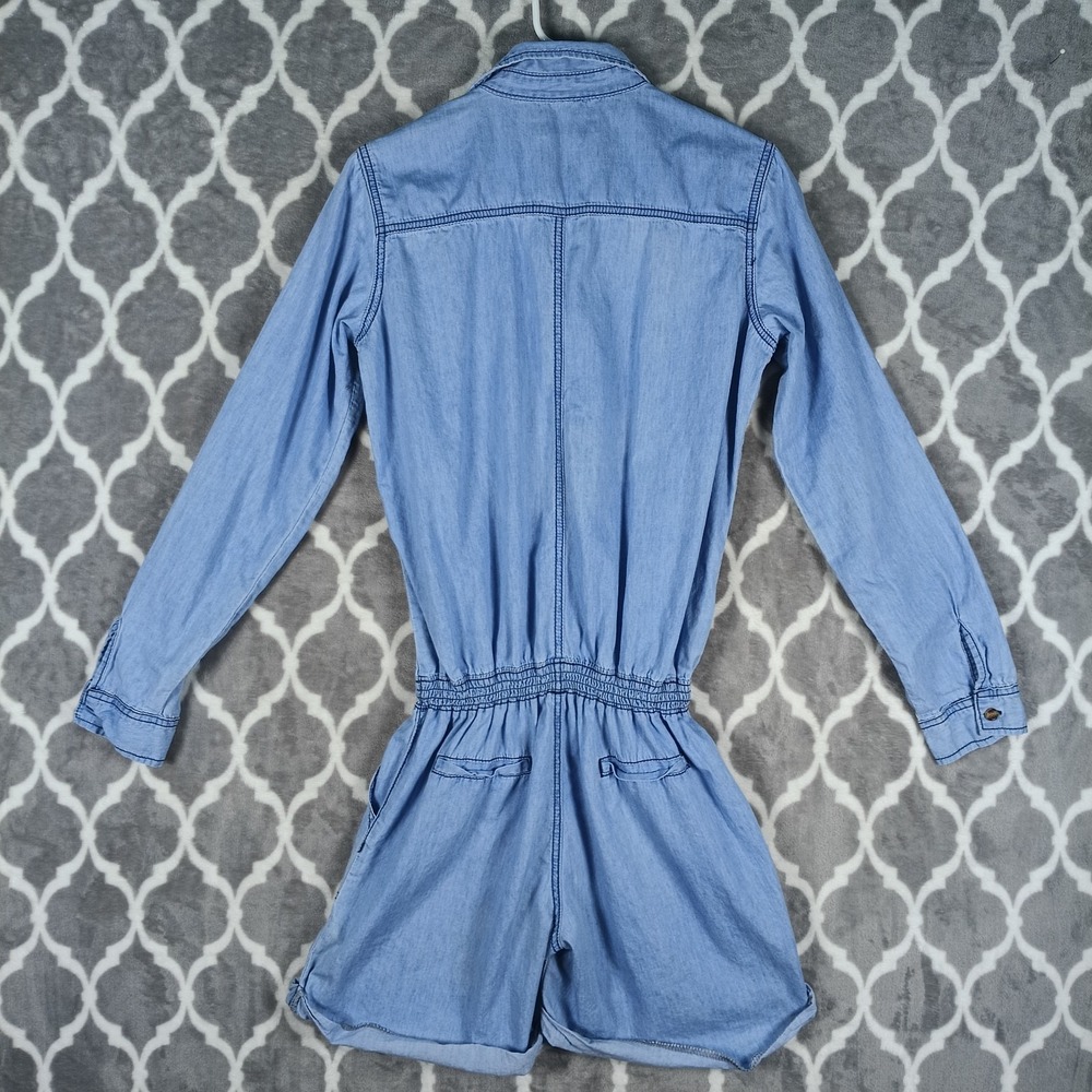 Judy Blue Romper Women Large Blue Chambray Denim Long Sleeve Pockets Drawstring - Picture 6 of 10